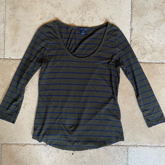 Ralph Lauren Petites Green & Blue Striped 3/4 T-Shirt With Polo Pony PS - Picture 1 of 7